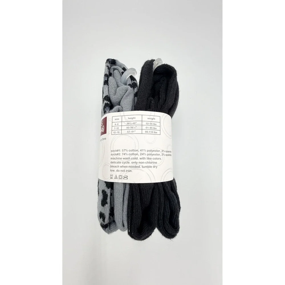 WonderNation Girls Heavyweight Footed Tights 2Pack Black Leopard Grey‎ S 4-6 NWT